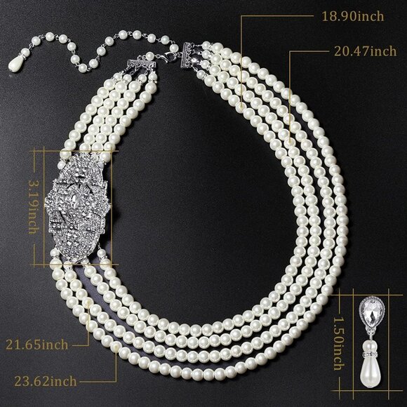 Vintage Pearl Necklace Earrings Jewelry Set Faux Multi-Layer Bridal Accessory - Picture 2 of 9